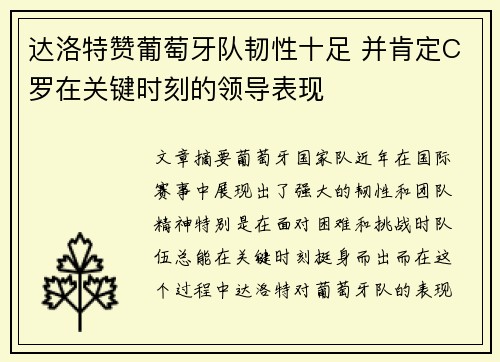 达洛特赞葡萄牙队韧性十足 并肯定C罗在关键时刻的领导表现 达洛特赞葡萄牙队韧性十足 并肯定C罗在关键时刻的领导表现